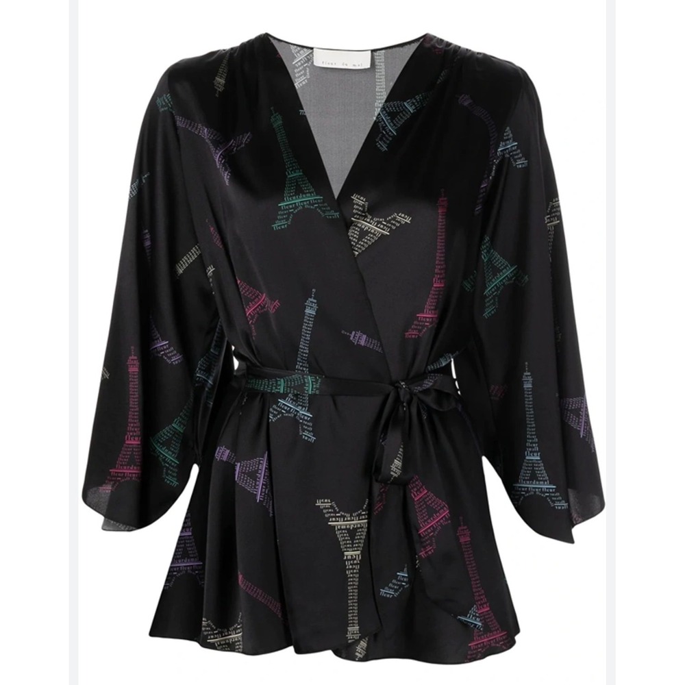 Fleur du Mal Black Silk Eiffel Tower Print Wrap Robe Kimono S/M Paris Graphic